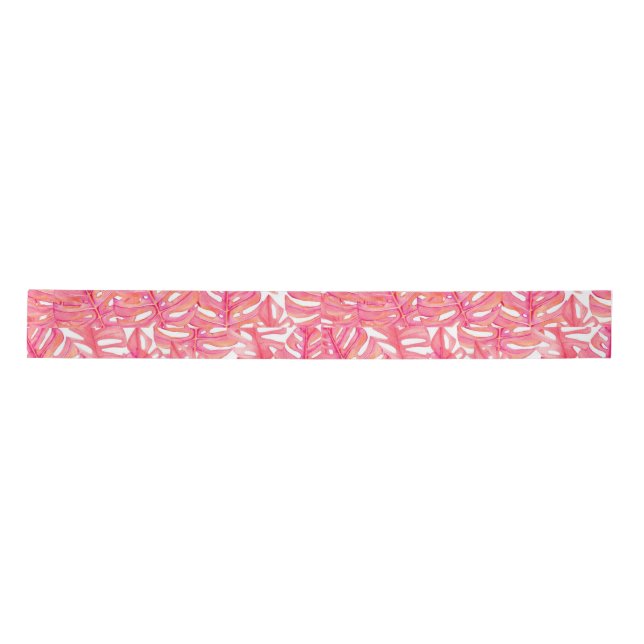 Modern Tropical Pink Monstera Plant Leaves  Satin Ribbon (Front)