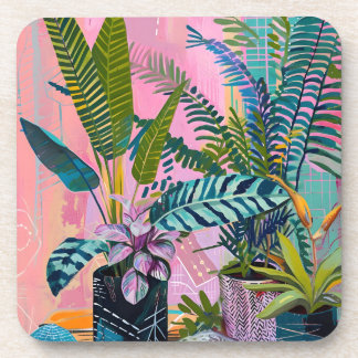Modern Tropical Plant Print – Pink and Green Coaster