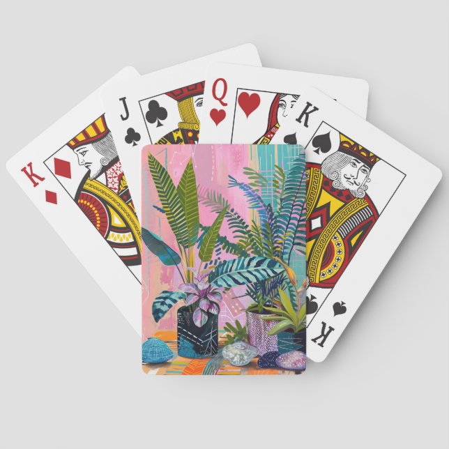Modern Tropical Plant Print – Pink and Green  Playing Cards (Back)