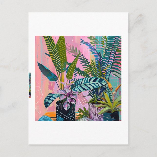 Modern Tropical Plant Print – Pink and Green  Postcard (Front)