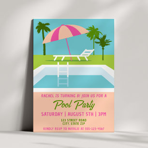 Modern Tropical Pool Party Summer Girls Birthday Invitation