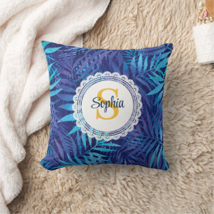Modern Tropical Purple & Blue Palm Leaves monogram Throw Pillow