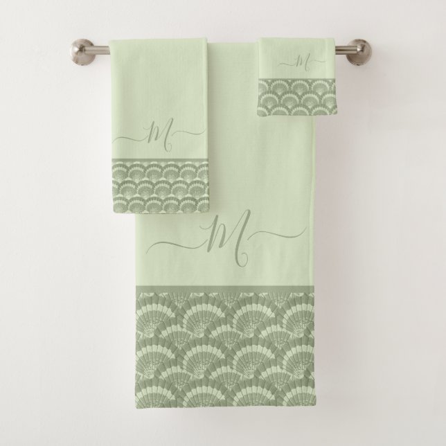 Modern Tropical Sage Green Seashell Shell Elegant Bath Towel Set (Insitu)