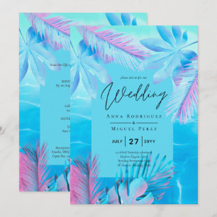 Modern Tropical Summer Aqua Blue Pink Wedding Invitation