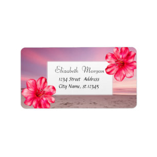 Modern Tropical Sunset Beach,Hibiscus Label