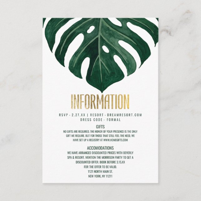Modern Tropical Swiss Cheese Leaf Gold Details Enclosure Card (Front)