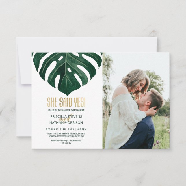 Modern Tropical Swiss Cheese Leaf Gold Engagement Announcement (Front)