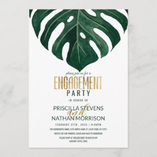 Modern Tropical Swiss Cheese Leaf Gold Engagement Invitation