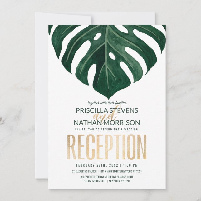 Modern Tropical Swiss Cheese Leaf Gold Reception Invitation (Front)