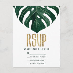 Modern Tropical Swiss Cheese Leaf Gold RSVP Postcard