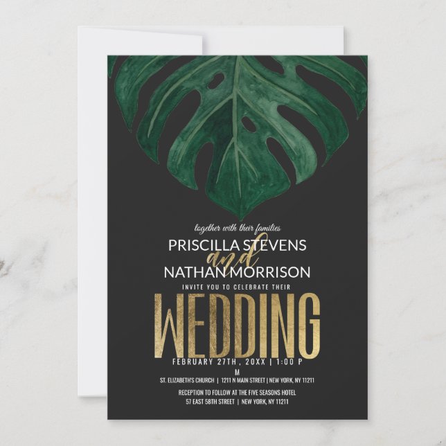Modern Tropical Swiss Cheese Leaf Gold Wedding Invitation (Front)