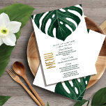 Modern Tropical Swiss Cheese Leaf Gold Wedding Menu<br><div class="desc">Elegant, modern, and simple green watercolor tropical beach swiss cheese monstera leaf on white background with faux printed gold foil typography summer wedding reception menu cards. This classic and sophisticated design is perfect for the classy, stylish, and trendy wedding reception. Personalize with your own menu on the front, along with...</div>