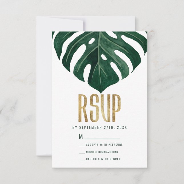 Modern Tropical Swiss Cheese Leaf Gold Wedding RSVP Card (Front)