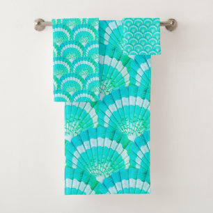 Modern Tropical Teal Blue Seashell Shell Beach Bath Towel Set