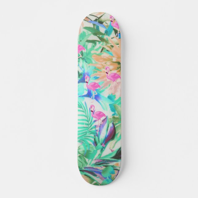 Modern tropical teal pink floral flamingo skateboard (Front)