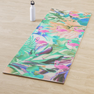 Modern tropical teal pink floral flamingo yoga mat