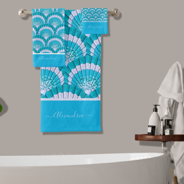 Modern Tropical Teal Turquoise Aqua Seashell Shell Bath Towel Set (Creator Uploaded)