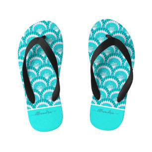 Modern Tropical Teal Turquoise Aqua Seashell Shell Kid's Flip Flops