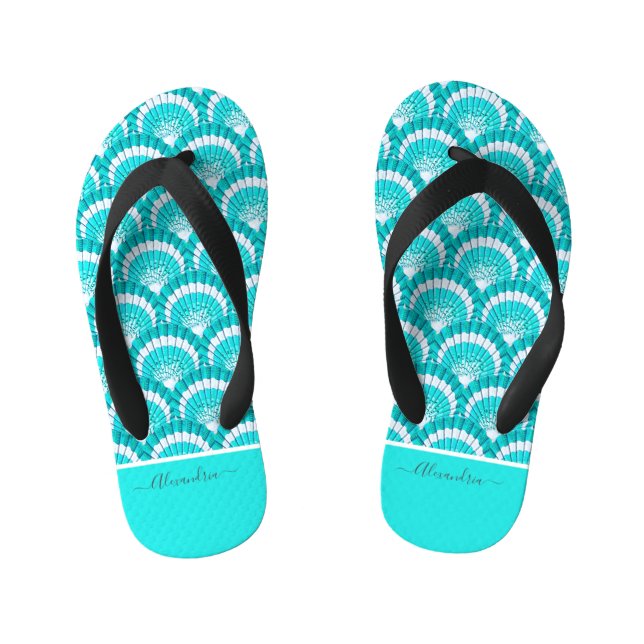 Modern Tropical Teal Turquoise Aqua Seashell Shell Kid's Flip Flops (Footbed)