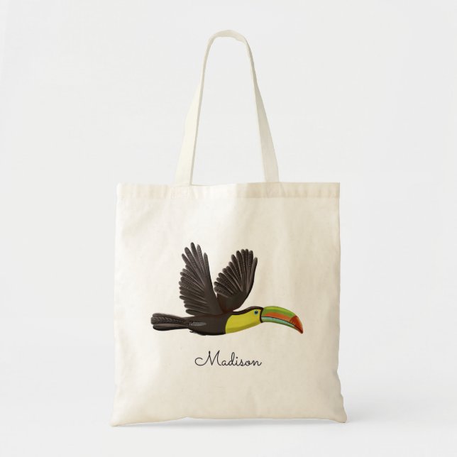 Modern Tropical Toucan Bird Personalized Script Tote Bag (Front)