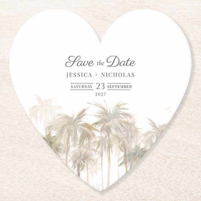 Modern Tropical Trees Wedding Save The Date Paper Coaster (Front)