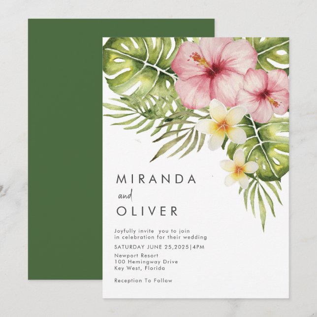 Modern Tropical Watercolor Floral Wedding Invitation (Front/Back)