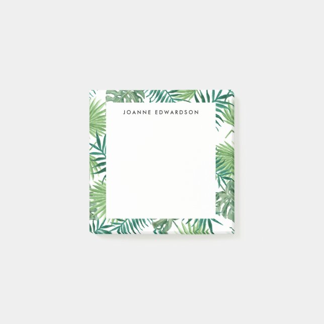 Modern tropical watercolor leaves monogram name post-it notes (Front)