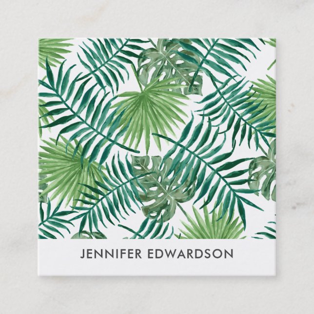 Modern tropical watercolor leaves professional squ square business card (Front)