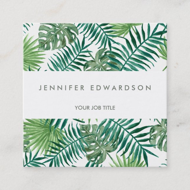 Modern tropical watercolor leaves professional square business card (Front)
