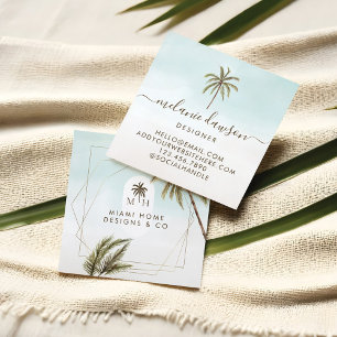 Modern Tropical Watercolor Palm Trees Monogram Square Business Card