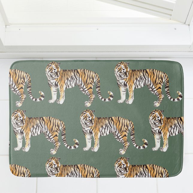 Modern Tropical Watercolor Tigers Wild Pattern Bath Mat (Creator Uploaded)