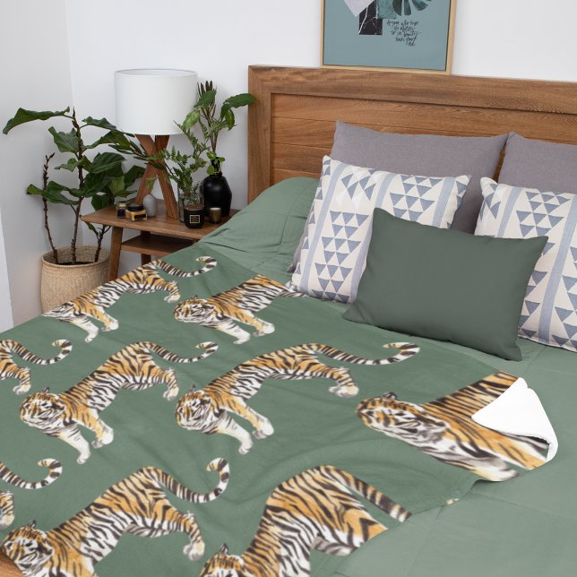 Modern Tropical Watercolor Tigers Wild Pattern Fleece Blanket (Creator Uploaded)