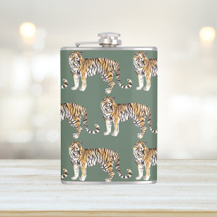 Modern Tropical Watercolor Tigers Wild Pattern Hip Flask
