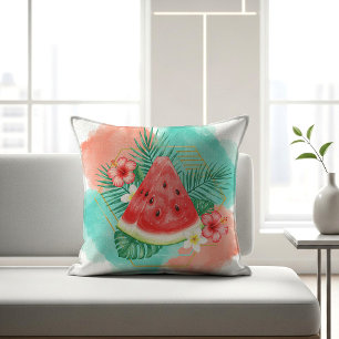 Modern Tropical Watermelon & Hibiscus Watercolor Throw Pillow