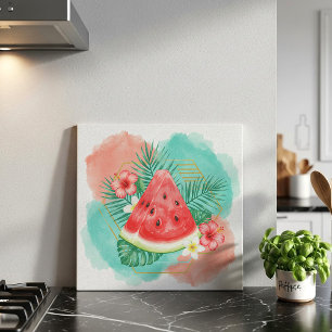 Modern Tropical Watermelon & Hibiscus Watercolor Tile