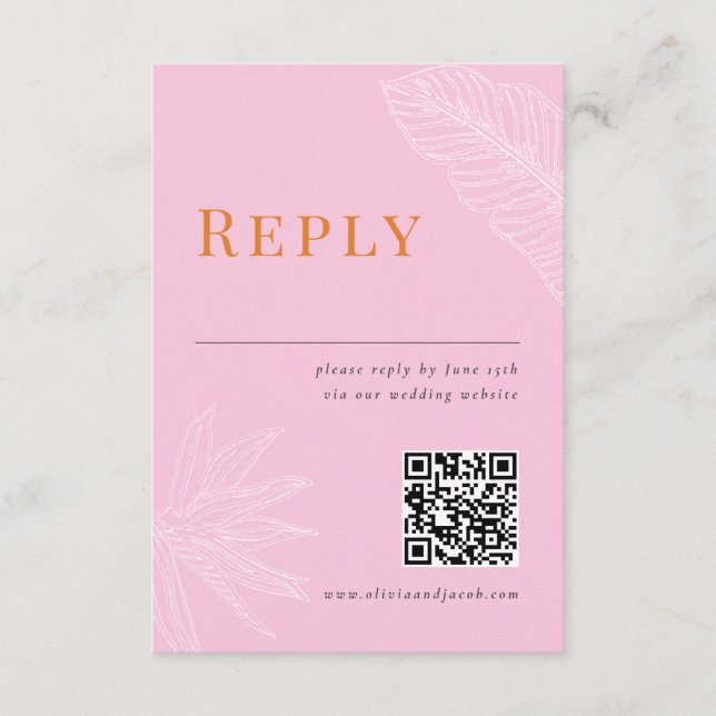Modern Tropical Wedding RSVP Card with QR code (Front)