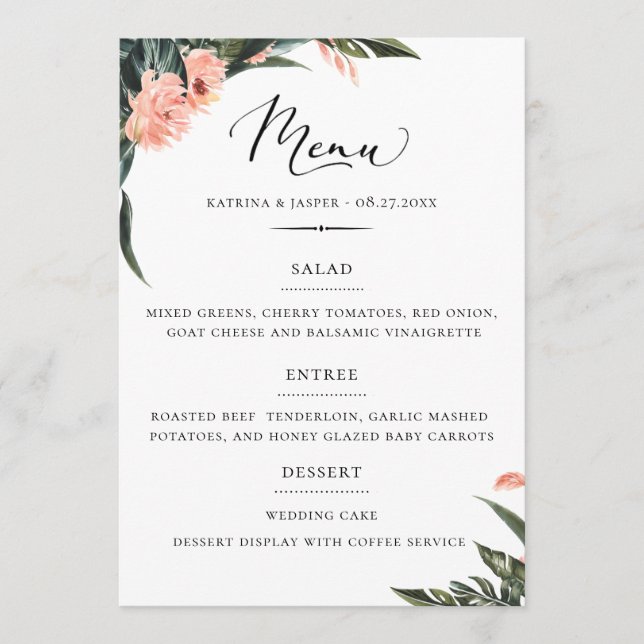 Modern Tropics Coral Floral Wedding Menu (Front)