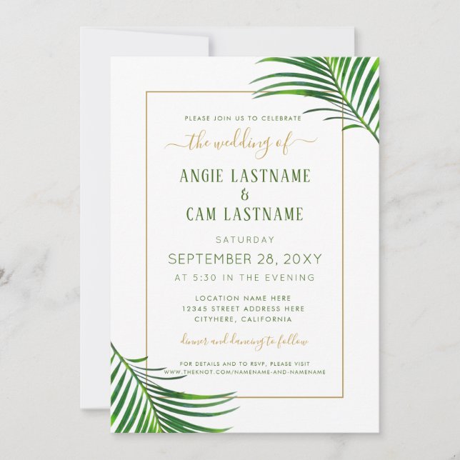 Modern Tropics Palm Leaf Green and Gold Wedding Invitation (Front)