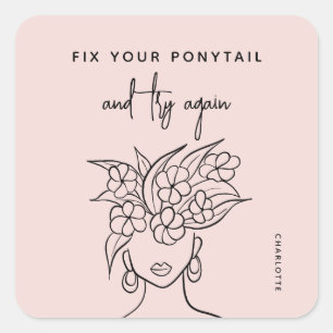 Modern Try Again Woman with Flowers Personalized Square Sticker