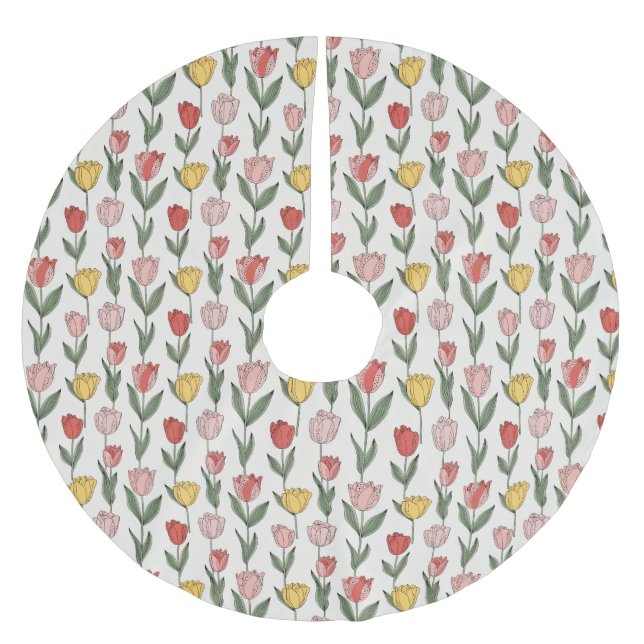 Modern Tulip Floral Pattern Soft Botanical Spring Brushed Polyester Tree Skirt (Front)