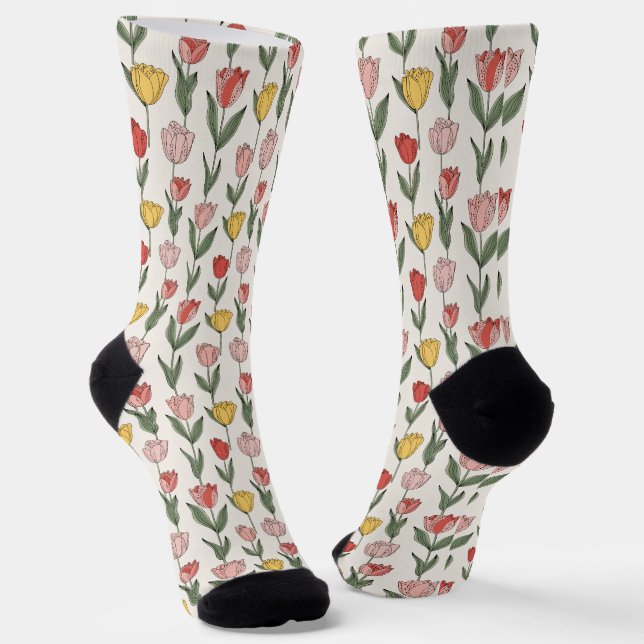 Modern Tulip Floral Pattern Soft Botanical Spring Socks (Angled)