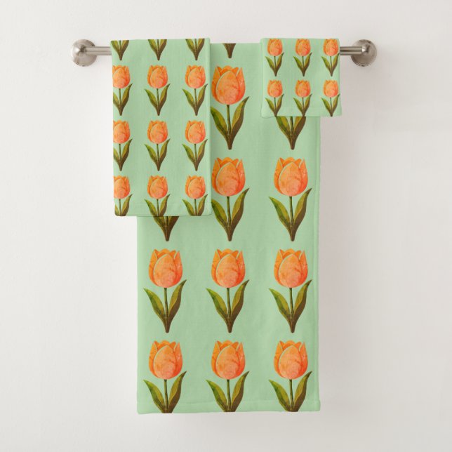 Modern Tulip Flower Pattern on Light Green Bath Towel Set (Insitu)
