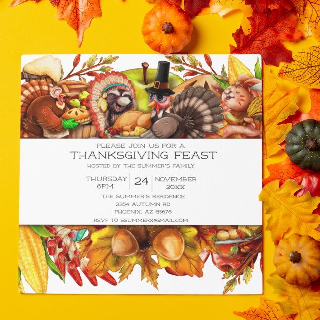 Modern Turkey Thanksgiving Feast Cute Animals Invitation (Creator Uploaded)