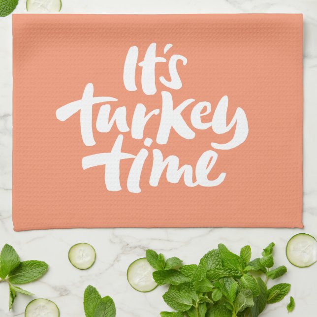 Modern Turkey Time Thanksgiving Dinner Lettering T Kitchen Towel (Folded)
