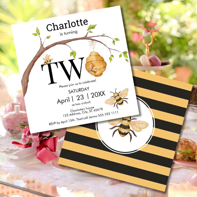 Modern Turning Two Black Yellow Beehive Birthday Invitation (Creator Uploaded)