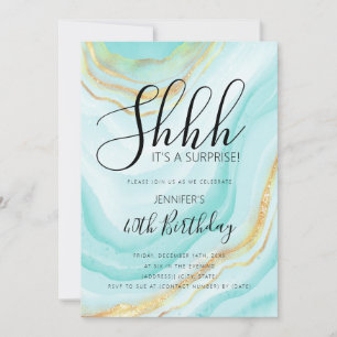 Modern Turquoise 40th Birthday Watercolor Glitter Invitation