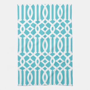 Modern Turquoise and White Trellis Pattern Kitchen Towel