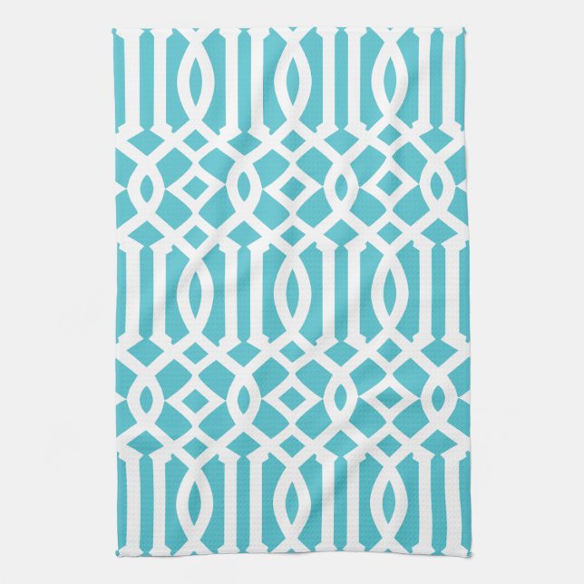 Modern Turquoise and White Trellis Pattern Kitchen Towel (Vertical)