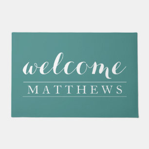 Modern turquoise and white Welcome  Doormat