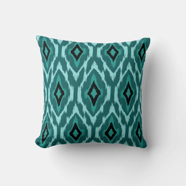 Modern turquoise black teal Ikat Tribal Pattern 1a Throw Pillow (Front)